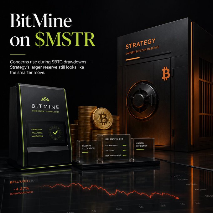 A financial infographic comparing BitMine Immersion Technologies ($MSTR) with Strategy during a BTC drawdown, featuring a "BitMine on $MSTR" headline, a vault labeled "STRATEGY — LARGER BITCOIN RESERVE," and a balance sheet panel showing BTC Holdings, Treasury, and Risk Management metrics alongside a BTC/USD chart reflecting a -4.27% drawdown. The visual supports the post's argument that Strategy's bigger Bitcoin reserve may serve as a strategic advantage rather than a vulnerability during market stress.