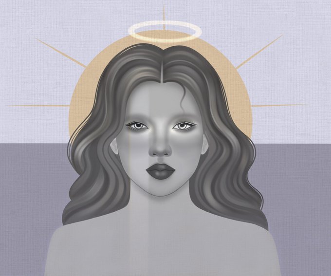 A stylized portrait of a woman with dark hair and a golden halo radiating around her head, rendered in grayscale with soft purple and yellow background tones.