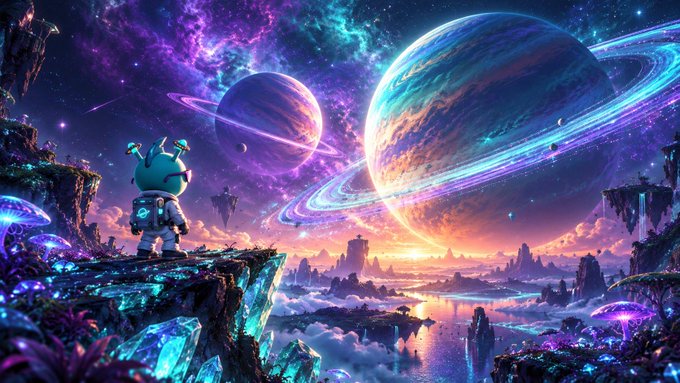 Vibrant sci-fi landscape featuring a small blue astronaut robot standing on a crystalline cliff, gazing at ringed planets and a colorful nebula-filled sky.