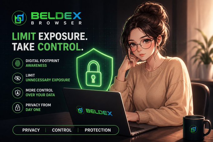A promotional banner for 'BELDEX BROWSER' with the tagline 'LIMIT EXPOSURE. TAKE CONTROL.' featuring an illustrated woman with glasses working on a laptop, alongside privacy features: Digital Footprint Awareness, Limit Unnecessary Exposure, More Control Over Your Data, Privacy From Day One.