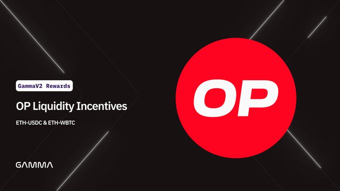 Promotional graphic for Gamma V2 Rewards 'OP Liquidity Incentives' for ETH-USDC & ETH-WBTC pools, featuring the large red Optimism (OP) logo.