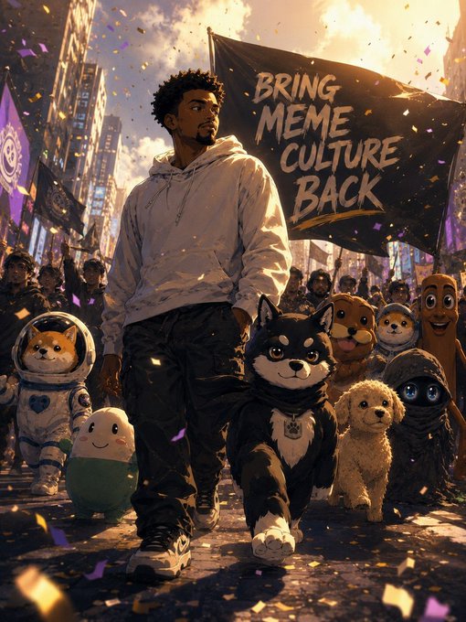 An anime-style illustration of a young man holding a flag that reads 'BRING MEME CULTURE BACK,' walking alongside anthropomorphic dogs and characters.