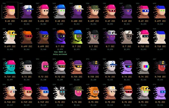 A grid of pixelated NFT-style character avatars in various colors and accessories (hats, glasses, headphones), each labeled with an ID number and a price in 'ZEC' with a USD equivalent.
