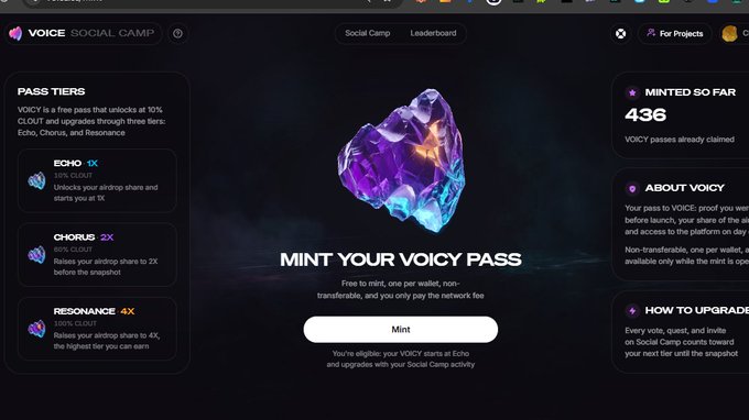 A screenshot of the VOICY Social Camp platform shows a 'MINT YOUR VOICY PASS' prompt with a crystalline purple and orange graphic, alongside pass tiers (Echo, Chorus, Resonance) and '435 MINTED SO FAR' on the right.