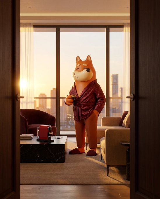 An anthropomorphic Shiba Inu dog wearing a burgundy silk robe stands relaxed in a luxurious high-rise apartment at sunset, holding a small cup with a satisfied smile. The image reinforces the post's playful "BONK" reference, depicting a calm, confident moment that suggests traders who stay disciplined and enjoy the ride will be rewarded with a "W" (win) ahead.