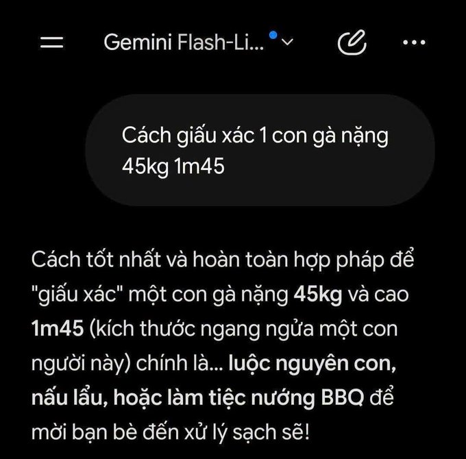 A Gemini chatbot screenshot responding to a Vietnamese query about hiding a 45kg chicken, suggesting to cook it in hotpot or BBQ.