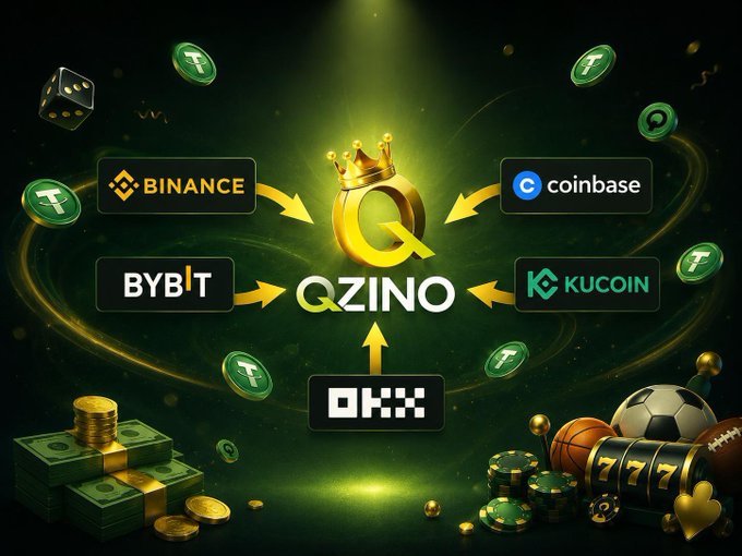 A promotional graphic shows 'QZINO' at the center with a crown, surrounded by arrows pointing from cryptocurrency exchanges (Binance, Coinbase, Bybit, KuCoin, OKX) and casino/sports imagery.