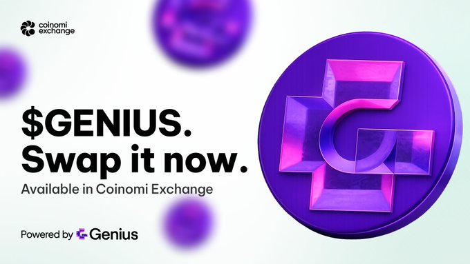 A Coinomi Exchange advertisement stating '$GENIUS. Swap it now. Available in Coinomi Exchange' with a large purple 3D 'G' coin logo, powered by Genius.