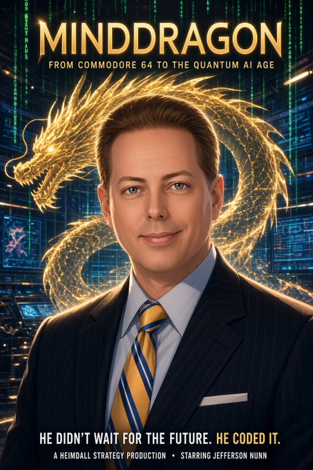 A movie poster titled 'MINDDRAGON: FROM COMMODORE 64 TO THE QUANTUM AI AGE' featuring Jefferson Nunn in a suit with a golden dragon behind him and the tagline 'HE DIDN'T WAIT FOR THE FUTURE. HE CODED IT.'