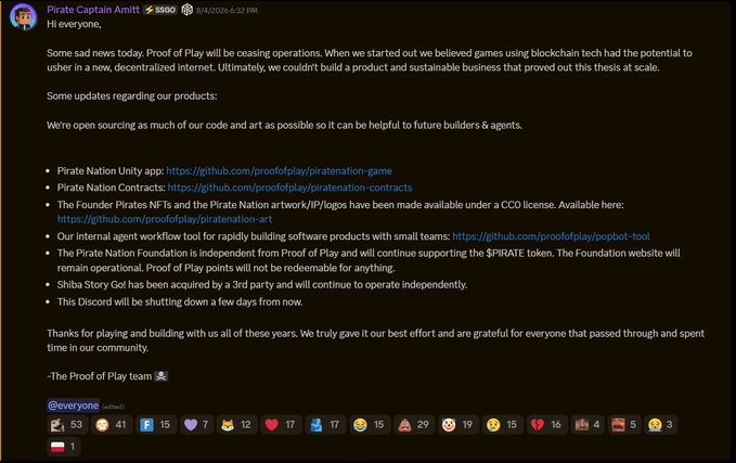 Discord message from Pirate Captain Amitt dated 8/4/2026 announcing that Proof of Play is ceasing operations, providing open-source code links for Pirate Nation, and noting that the Discord server will be shutting down.