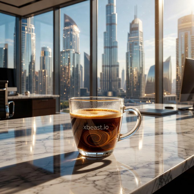 A glass cup of espresso with the text "xbeast.io" sits on a marble countertop, overlooking a city skyline with tall skyscrapers through floor-to-ceiling windows.