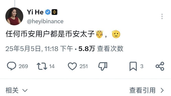 The image shows a tweet from Yi He (@heyibinance), a Binance executive, posted on May 5, 2025, stating "任何币安用户都是币安太子👶, 🤭" (which translates to "All Binance users are Binance princes 👶, 🤭"). This appears to be a response or related post to the accompanying context discussing simple solutions and lawyer's letters, with the tweet garnering 58,000 views, 269 replies, 251 likes, and 3 bookmarks.
