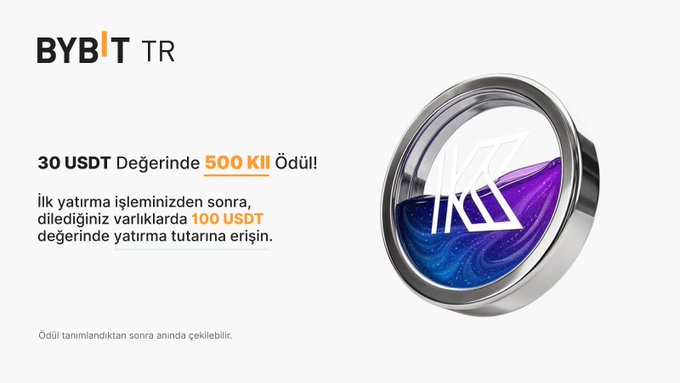 A ByBit TR promotional banner offering 500 TL reward for a 30 USDT deposit, accompanied by a 3D metallic emblem with purple and blue liquid and the text in Turkish mentioning 100 USDT deposit threshold.
