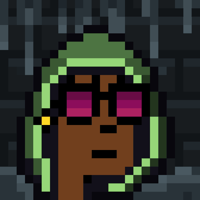 A low-resolution pixel art portrait of a character with brown skin, glowing magenta eyes, and a green hood, set against a dark background. The image appears to be the MagickFunks L1 NFT token that the poster is offering to upgrade, tying into their promotional deal to enhance MagickFunks tokens for a small fee plus receive a second one free.