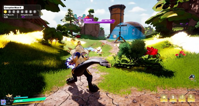 A third-person video game screenshot shows a character wielding a curved blade in a vibrant, colorful landscape, with HUD elements displaying 'Corruption Wave 0', 'Next Wave 1-25', and a boss health bar for 'ZAPPU'.