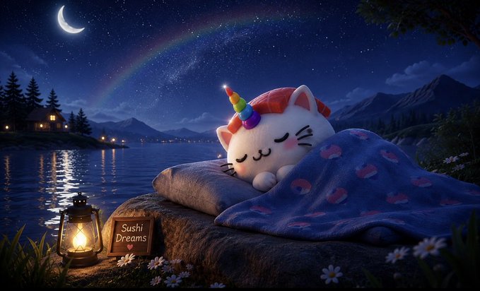 A whimsical digital illustration shows a cute sleeping cat plushie with a rainbow unicorn horn and blanket, resting on a rock by a lake under a starry night sky with a crescent moon, accompanied by a lantern and a "Sushi Dreams" sign.