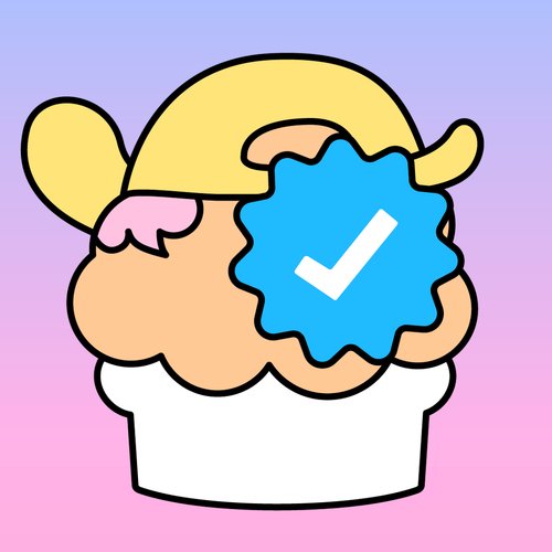 A cartoon sheep wearing a yellow hat has a blue verification badge with a white checkmark over its face on a pink and purple gradient background.