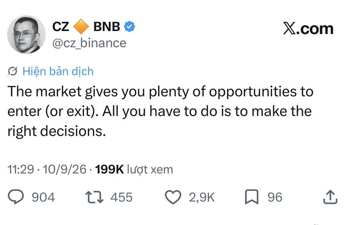 A screenshot of a tweet from CZ Binance (@cz_binance) reading "The market gives you plenty of opportunities to enter (or exit). All you have to do is to make the right decisions," with 199K views, illustrating the Vietnamese caption's emphasis on having a plan and making informed decisions when entering or exiting the market.