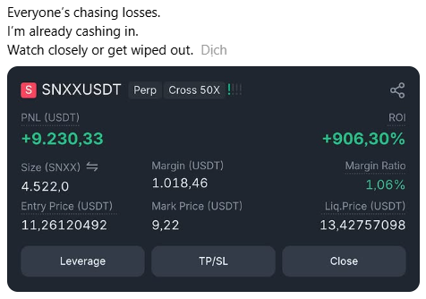 A trading interface screenshot showing a long position on SNXXUSDT Perp with 50X leverage, displaying a PNL of +9,230,33 USDT and ROI of +906,30%, alongside taunting text 'Everyone's chasing losses. I'm already cashing in. Watch closely or get wiped out. Dich'.