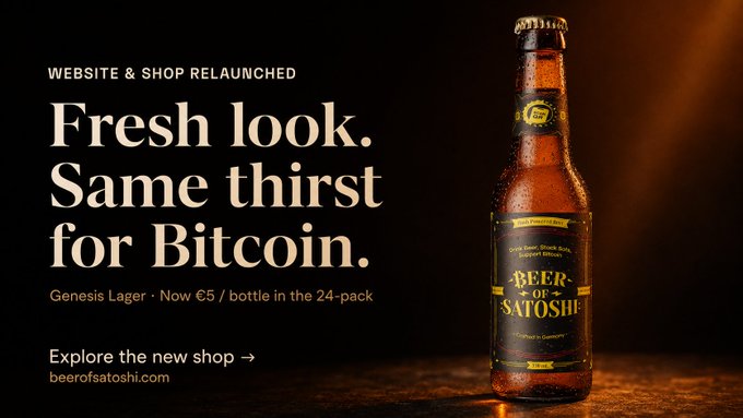 An advertisement for 'Beer of Satoshi' (beerofsatoshi.com) featuring a Genesis Lager bottle with the text 'Fresh look. Same thirst for Bitcoin. Genesis Lager · Now €5/bottle in the 24-pack' and 'WEBSITE & SHOP RELAUNCHED'.