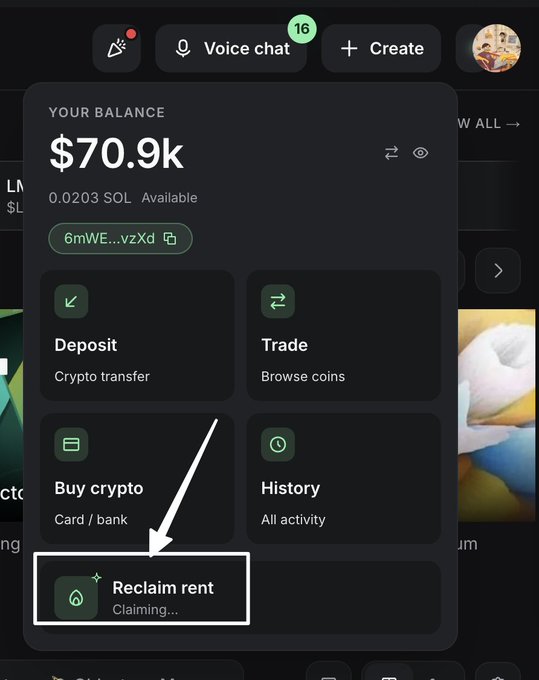 The image shows a cell phone screen displaying a list of options for a voice chat app, with the option to reclaim a rental payment. The text box indicates that this feature has been added recently by @Pumpfun.