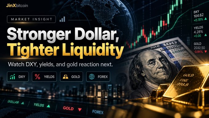 A JinX bitcoin Market Insight graphic headlined 'Stronger Dollar, Tighter Liquidity' featuring Benjamin Franklin, US dollar bills, gold bars, a world map, and a candlestick chart showing DXY at 104.62 (+0.78%) and YIELDS at 4.28% (+0.06).