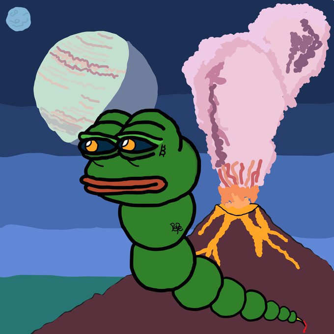 A digital illustration of a sad-looking green cartoon caterpillar with tattoos standing on a volcano that is erupting with pink smoke, with planets visible in the dark sky above.