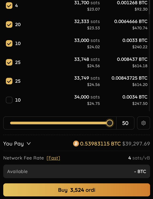 A Bitcoin Ordinals marketplace interface showing selectable inscription listings priced in sats and BTC (ranging from 31,700 sats to 34,000 sats), with a slider set to 50, a total cost of 0.53983115 BTC ($39,297.69), and an orange 'Buy 3,524 ordi' button at the bottom.
