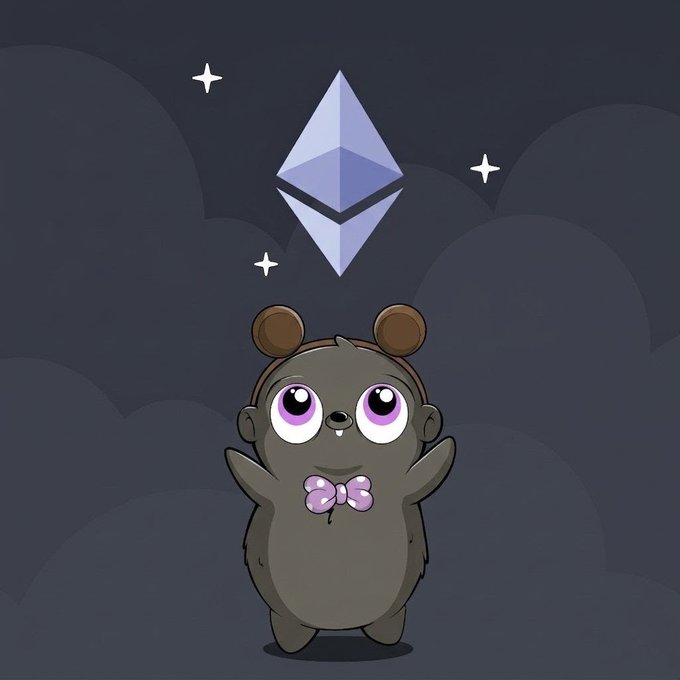 A cartoon illustration of a dark-colored bear-like character wearing a purple polka-dot bow tie, standing beneath a glowing Ethereum logo on a dark background with stars.