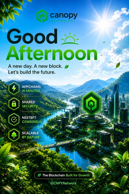A promotional graphic for Canopy Network featuring 'Good Afternoon' with the tagline 'A new day. A new block. Let's build the future.', highlighting features: Appchains in Minutes, Shared Security, NestBFT Consensus, and Scalable by Nature, with the handle @CNPYNetwork.