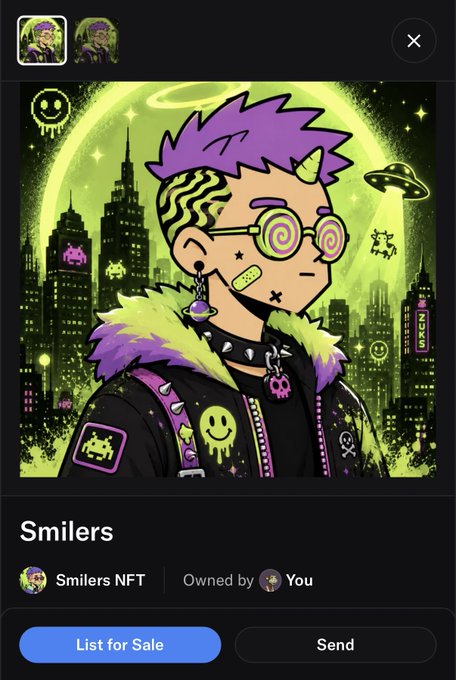 The image shows a digital NFT artwork from the "Smilers NFT" collection, featuring a cyberpunk-style cartoon character with purple spiky hair, hypnotic spiral glasses, and a black studded jacket adorned with smiley face patches, set against a neon green moonlit cityscape with UFO and pixel-art Space Invader motifs. The interface indicates the piece is "Owned by You" with options to "List for Sale" or "Send," while the accompanying post about being "rugged" and "doxxed MAYC founder" references NFT community frustrations with fraud and scams—fittingly ironic given the melancholy "X" mouth and x-eyes on the character visually convey a sense of being deceived or defrauded.