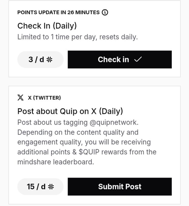 Quip Network rewards dashboard showing a daily 'Check In' worth 3 points and a 'Post about Quip on X (Daily)' social media task worth 15 points, with next points update in 26 minutes.
