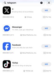 A mobile search interface within the Telegram app showing search results for messaging apps and social media platforms like Messenger, Facebook, and TikTok.