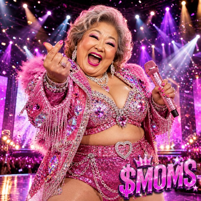 A vibrant, AI-generated image shows an older woman in a pink sequined outfit performing on stage with a microphone, featuring the text '$MOMS'.