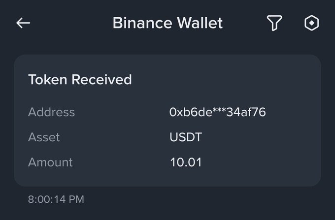 A Binance Wallet screenshot showing a Token Received notification of 10.01 USDT at address 0xb6de***34af76 at 8:00:14 PM.
