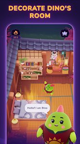 A mobile game screen titled 'DECORATE DINO'S ROOM' showing a cute green dinosaur character in a cozy decorated room with a 'Install on Dino' button.