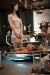 A woman in a white crop top and skirt stands at a kitchen counter beside another person, with a spread of fruit visible on the table—evoking a scene of casual domesticity that contrasts humorously with the post's trading-themed message about favorable position outcomes.