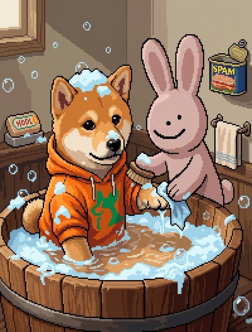 Pixel art illustration of a Shiba Inu dog wearing an orange hoodie being bathed in a wooden tub by a pink rabbit character, with a "SPAM" can visible in the corner.