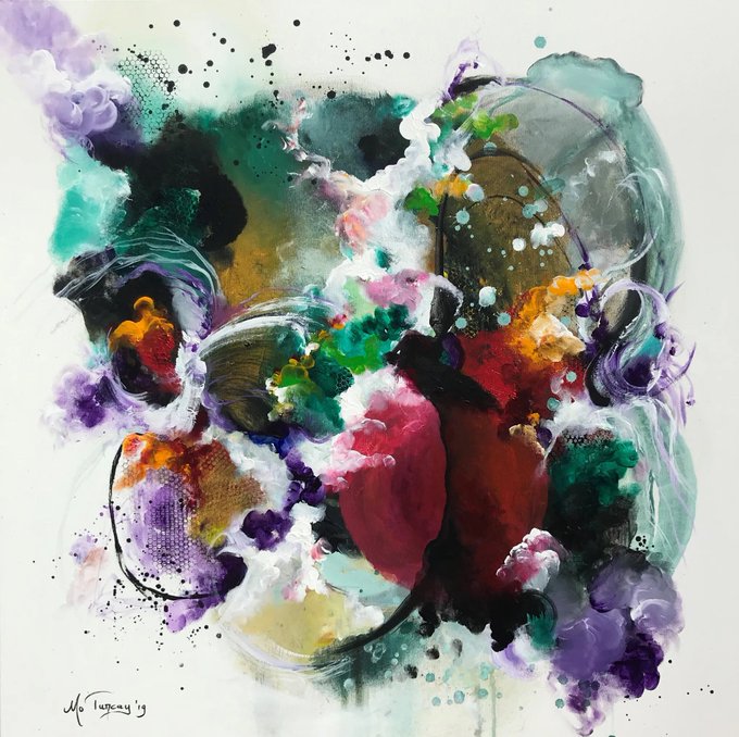 An abstract mixed-media painting featuring vibrant splashes and swirls of purple, teal, red, green, orange, and black colors with paint splatters, signed by the artist in the lower left corner.