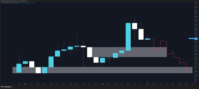 A TradingView candlestick chart displays the price action of $HYPE, showing a pattern with an initial uptrend (cyan candles), a sharp rally to a peak, followed by white bearish candles and a downward red trajectory projected into recent dates, illustrating the post's prediction of a probable downward move.