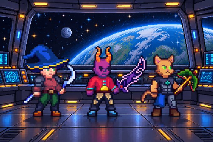 Pixel-art space scene showing three characters with fantasy weapons standing in a spaceship cockpit, with Earth and a moon visible through the window.
