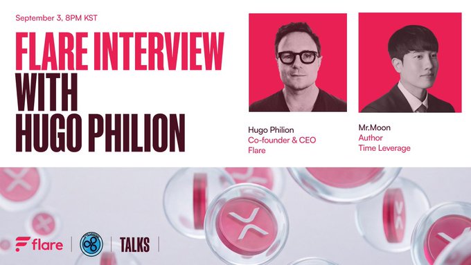 A promotional graphic for a 'FLARE INTERVIEW WITH HUGO PHILION' scheduled for September 3, 8PM KST, featuring headshots of Hugo Philion (Co-founder & CEO, Flare) and Mr.Moon (Author, Time Leverage) with pink X-shaped tokens at the bottom.