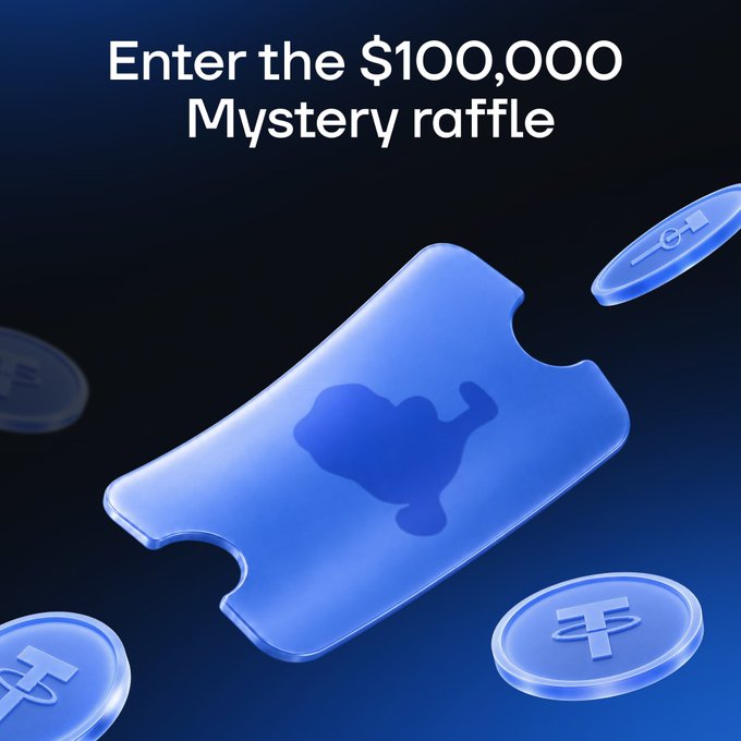 A promotional graphic announcing a $100,000 Mystery raffle, featuring a blue ticket with a bull silhouette and floating cryptocurrency coins.