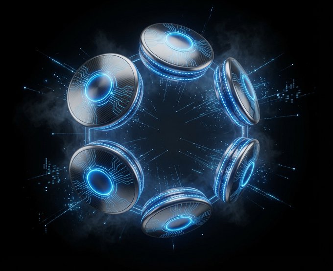A digital rendering of six metallic cryptocurrency-style coins arranged in a circular pattern, glowing with blue neon accents against a dark background.