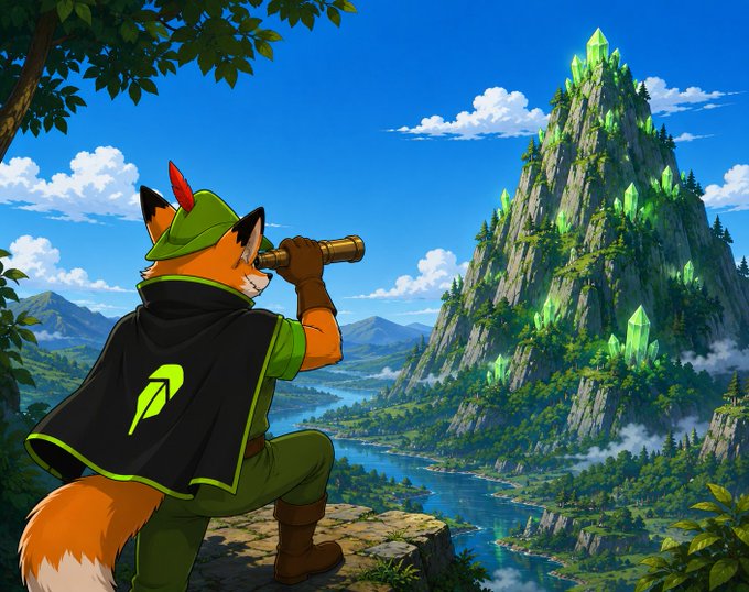 An anthropomorphic fox explorer in a green hat and black cape looks through a brass spyglass toward a towering, crystal-veined mountain rising above a river valley. The line "The job's not finished. The hunt continues." pairs with the image by suggesting the fox is still searching for a target—perhaps whatever powerful force dwells at the crystal peak—and isn't ready to leave his vantage point yet.