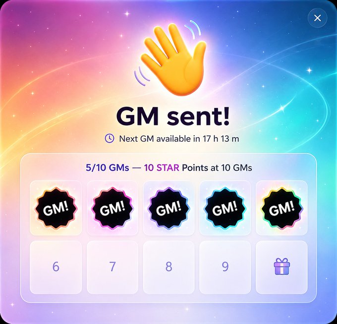 A 'GM sent!' confirmation screen from a Telegram-based app showing 5 out of 10 'GM!' stamps collected, with the next GM available in 17 hours and 13 minutes, and a reward of 10 STAR Points.