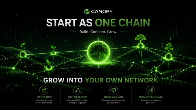 A promotional graphic for Canopy blockchain features a glowing green network of connected nodes with trees, displaying the tagline 'START AS ONE CHAIN, GROW INTO YOUR OWN NETWORK' alongside benefits like 'Easy to Start' and 'Secure & Reliable'.
