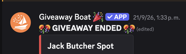 A Discord message from 'Giveaway Boat' with a 'GIVEAWAY ENDED' notice on 21/9/26 at 1:33 p.m., highlighting the winner 'Jack Butcher Spot'.