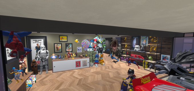 A virtual room displaying an extensive collection of digital collectibles and figurines, including Spider-Man, Stormtroopers, Batman, and other pop culture characters arranged on shelves and throughout the space. The scene reflects the post's theme of digital collectibles and VeVe NFTs, showcasing a curated digital display room filled with licensed character statues and memorabilia.