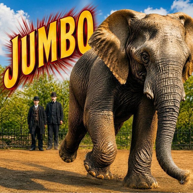 A promotional image featuring a large elephant walking toward the camera with the word 'JUMBO' in bold yellow letters with red burst effects, with two men in Victorian-era suits and bowler hats standing in the background.